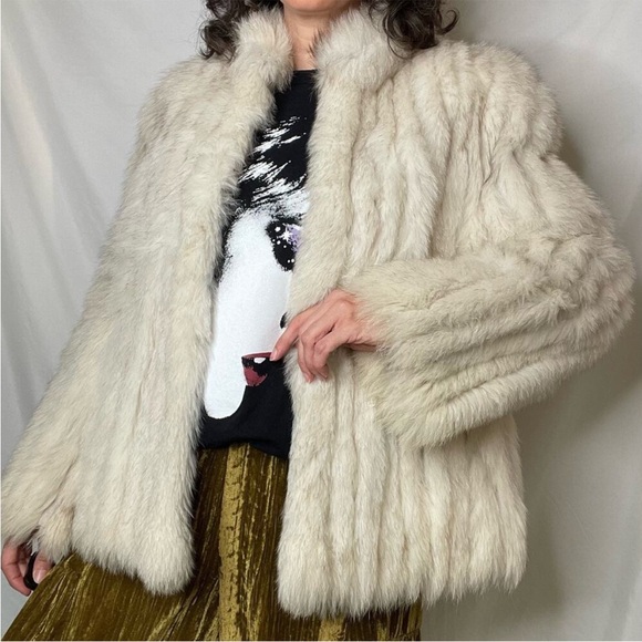 Saga Furs vintage blue fox fur coat cream mob wife real genuine 80s 70s cream XL - Picture 1 of 17
